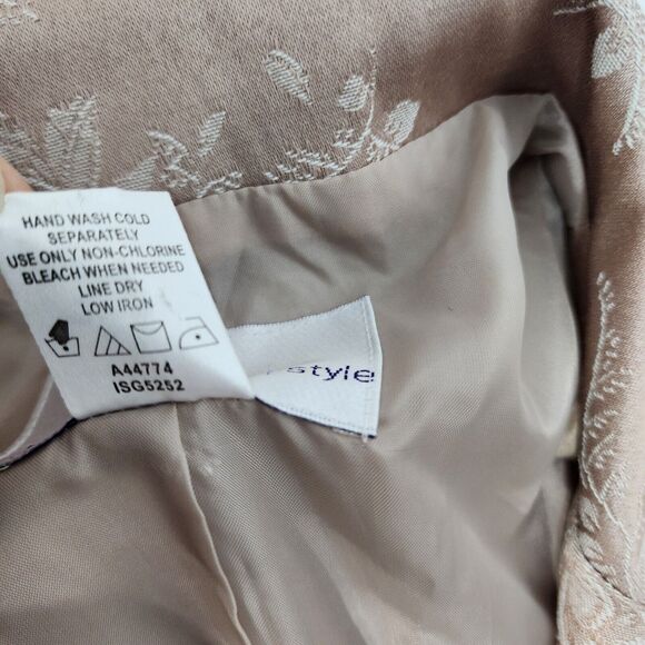 Susan Graver Jacket Large Floral Jacquard Ribbon Trim Button Tan Gold A44774 - Picture 12 of 14